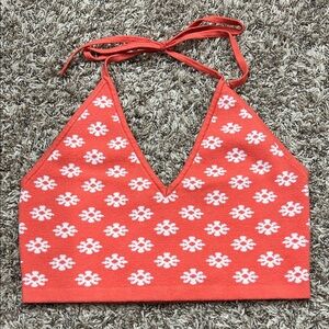 Buttermelon Orange Daisy Print Sweater Halter Crop Top Sz M